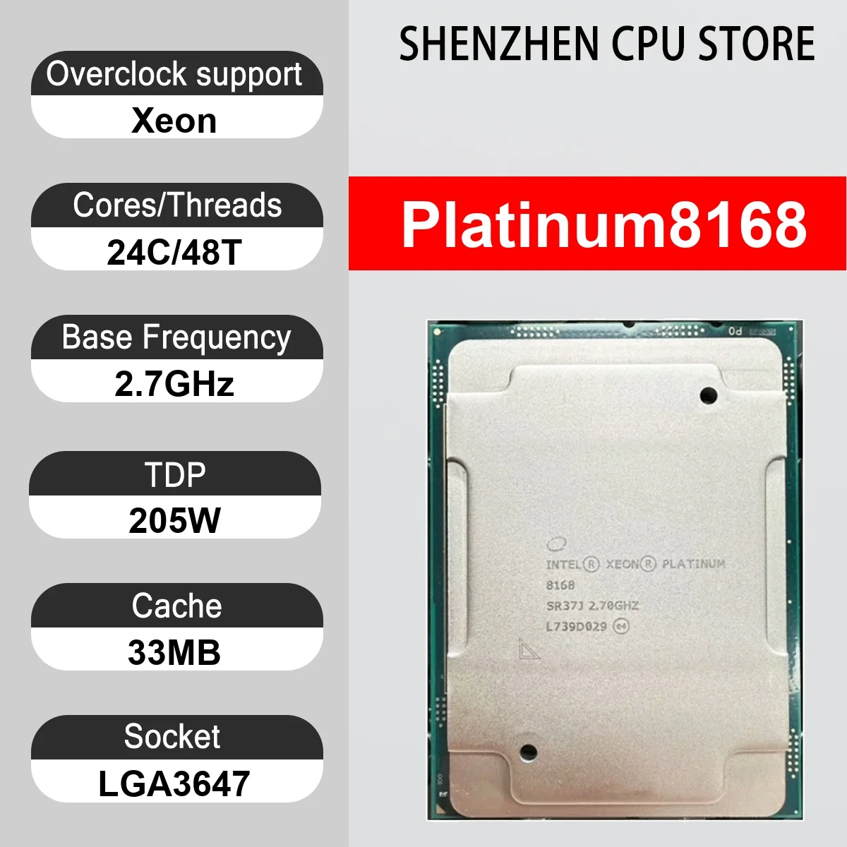Intel Xeon Platinum8168 24 Core 48 Thread 2.7GHz 205W 33MB Cache 14nm LGA3647 SR37J DDR4 2666 MHz Skylake-SP