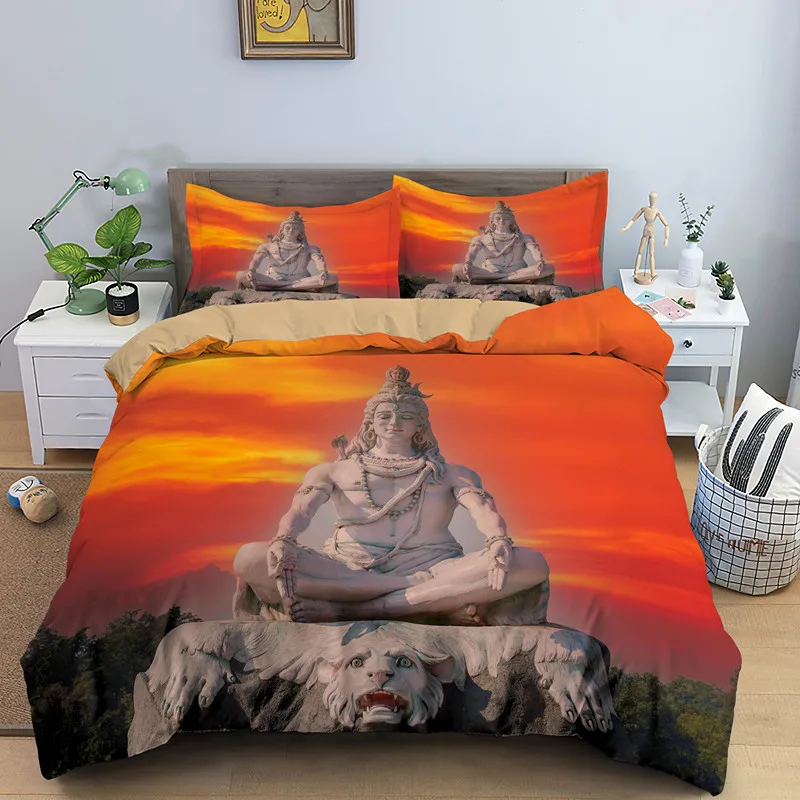 Shiva Statue Hindu God Print Duvet Cover with Pillowcas Single Double King Size Polyester Quilt Cover Home Decor for Kids Adults