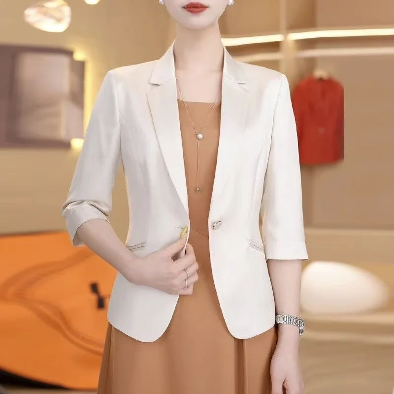 

Elegant Satin Suit Jacket Women's Casual Slim Fit Seven Sleeve Westwear Breathable Short Length Button Detail Pockets