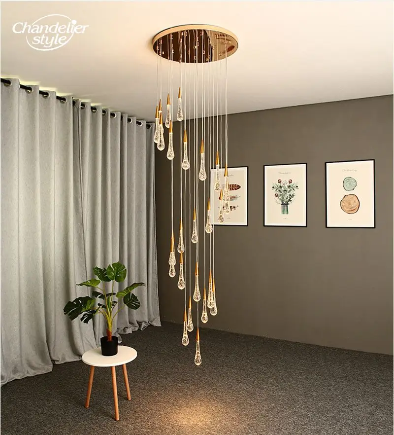 Modern Rain Drop Chandeliers Luxury Gold Bubble Crystal Water Pendant Hanging Lights Living Room Dining Room Staircase Lamps