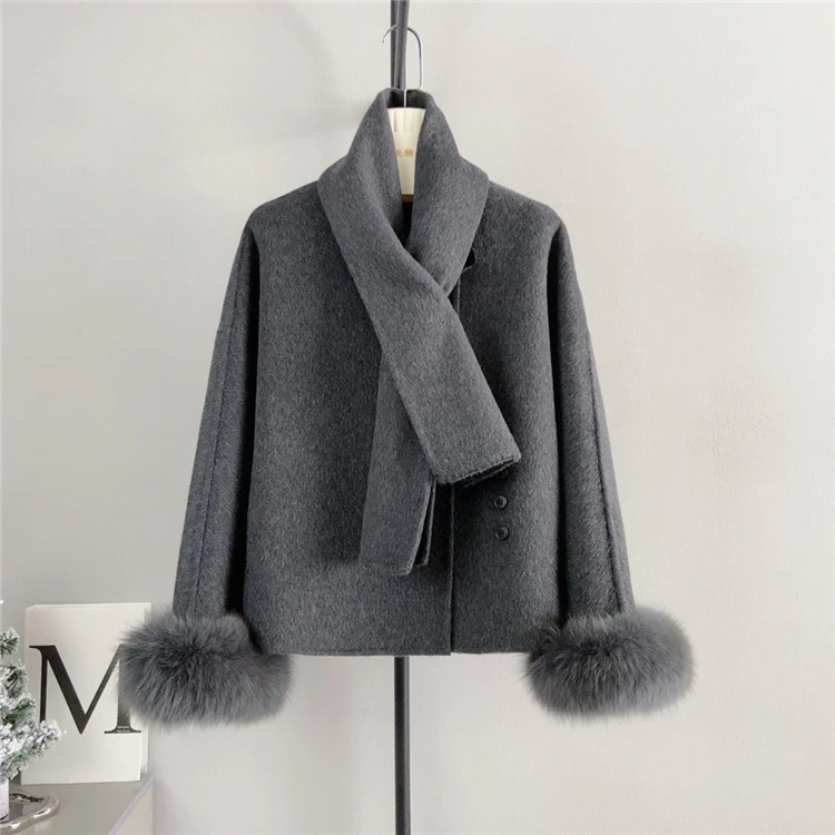 2024 New Women Cashmere Wool Woolen Jacket Luxury Real Natural Fox Fur Collar Coat Ladies Winter Outwear Coat