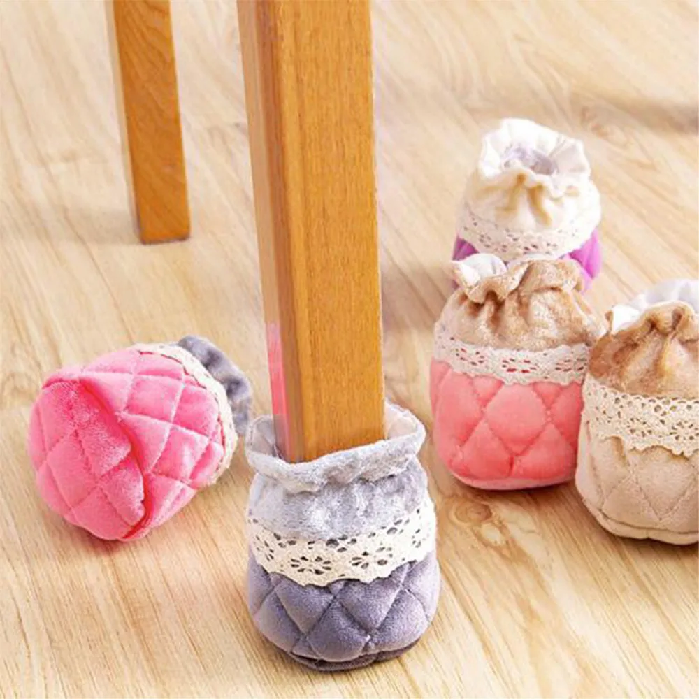 Cartoon Home Decor Chair Leg Covers - 4pcs Flannel Lace Non-Slip Table Foot Socks