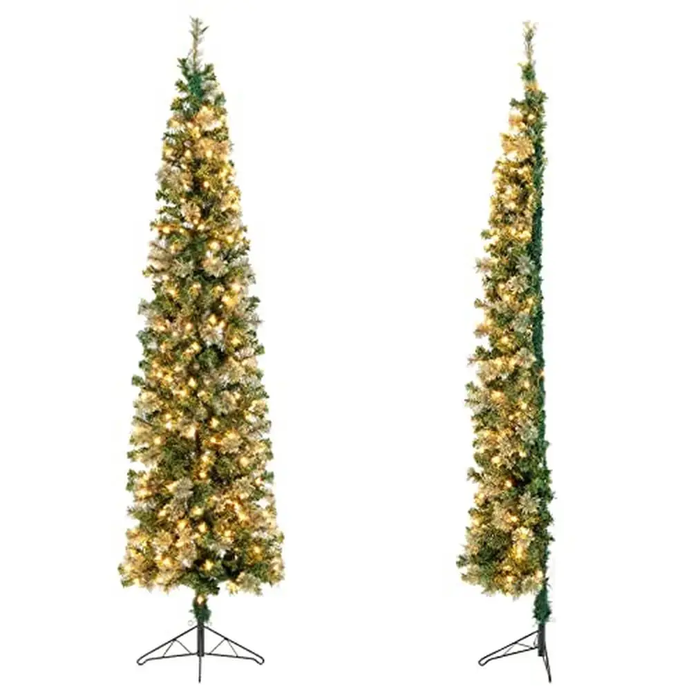 7ft Pre-Lit Half Christmas Tree Artificial Xmas Tree 150 Warm White Lights 403 Branch Tips Metal Stand PVC Pine Foldable Festive