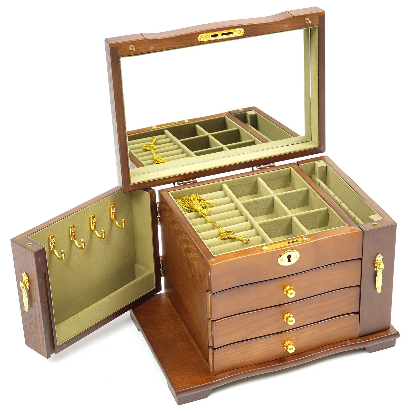 4 Tiers' Large Capacity Antique Large Wooden Jewelry Organizer Box Necklace Watches Rings Storage Case for Rings Rectangle