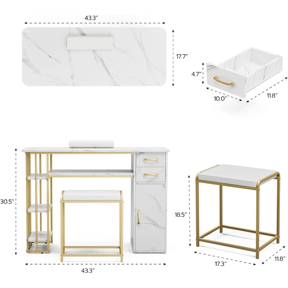 Ensemble table de manucure et tabouret à structure métallique avec rangement pour techniciens d'ongles, comprenant 2 tiroirs et étagères à 3 niveaux, idéal pour Sa