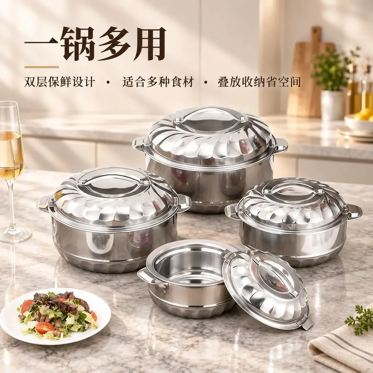 DSA stainless steel orchid double-layer fresh-keeping pot household kitchen cooking large-capacity set pot thickened integrated