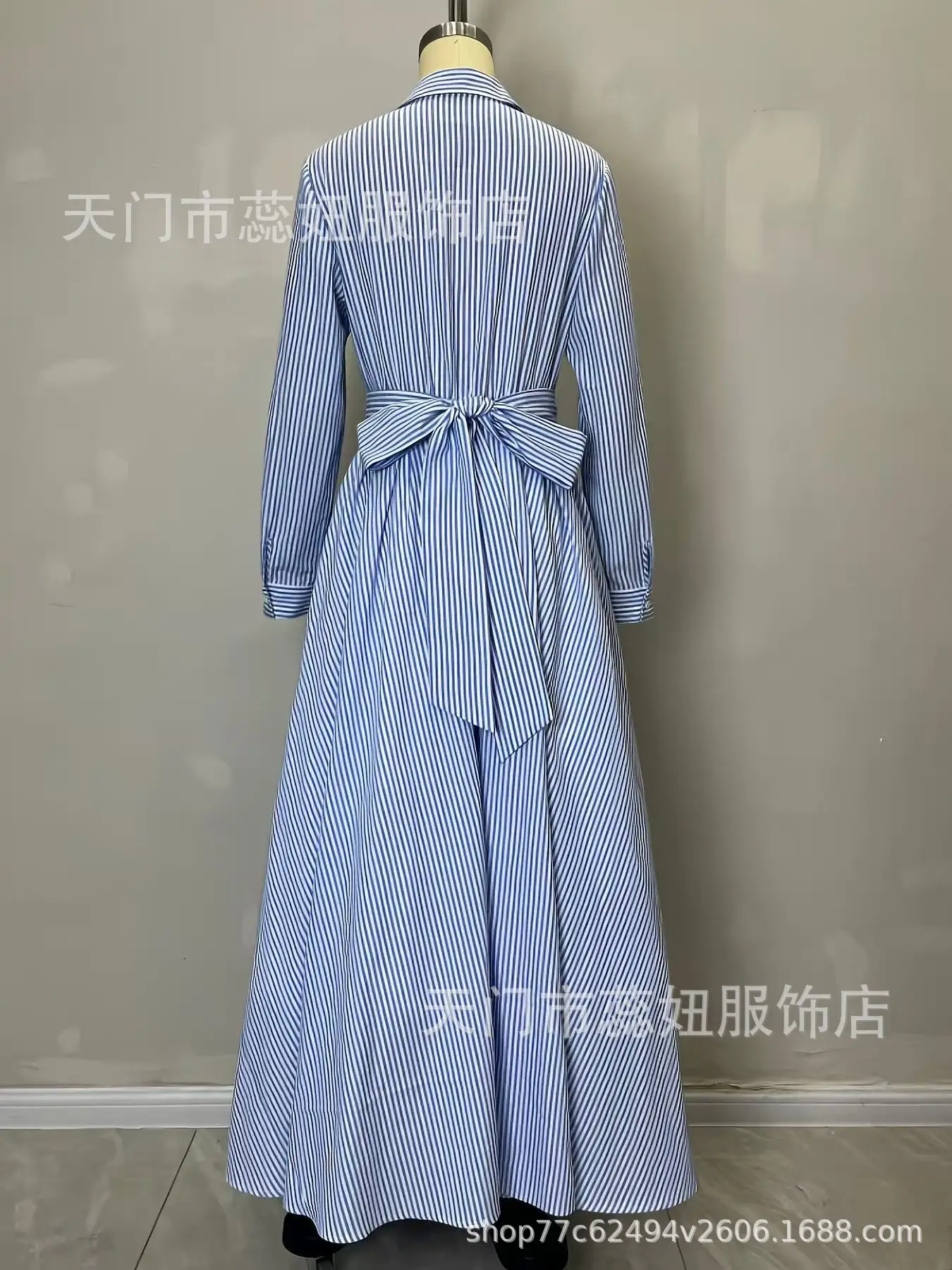 Elegant autumn winter long dress striped fashion loose evening dress long-sleeved stand-up collar high waist front open dresses