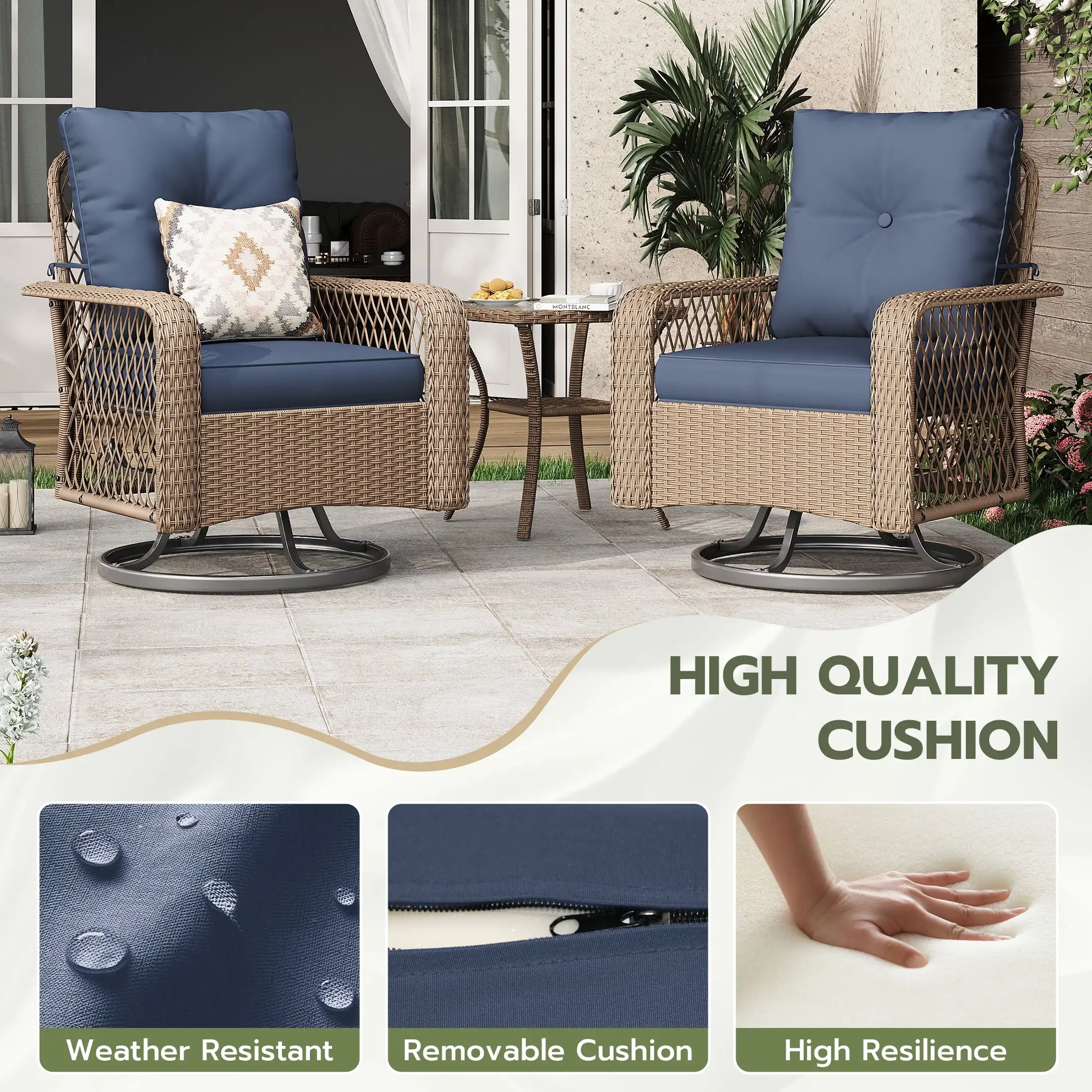 3 Pieces Patio Furniture Set, Outdoor Swivel Gliders Rocker, Wicker Patio Bistro Set with Rattan Rocking Chair