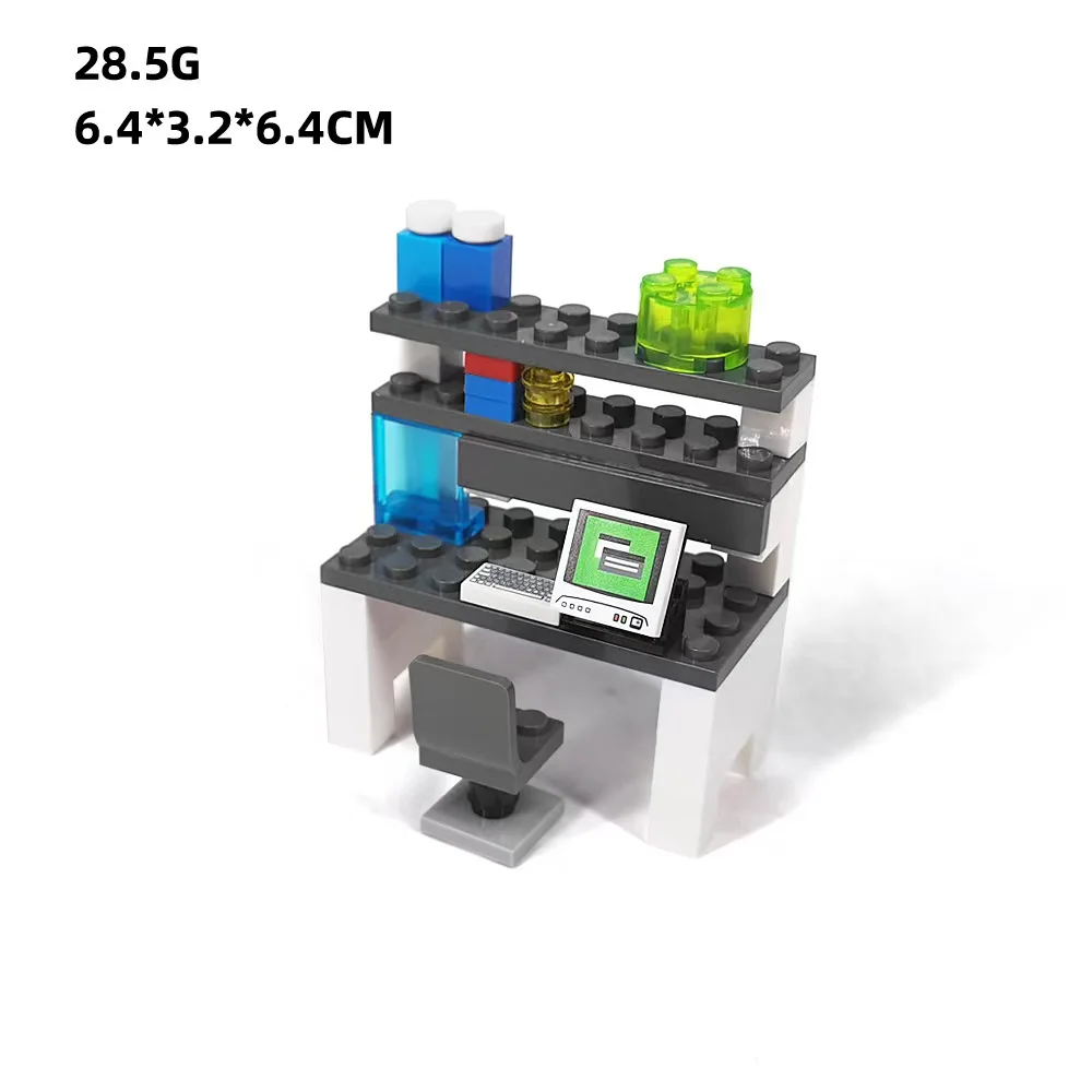 MOC City Computer experiment table Building Blocks Kit Office workbench With Keyboard table chair DIY Model Bricks