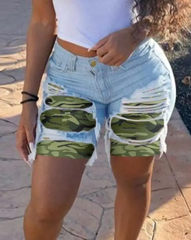 Women's Summer New Style Camouflage Print Ripped Raw Hem Denim Shorts Personalized Street Ripped Straight Leg Pants