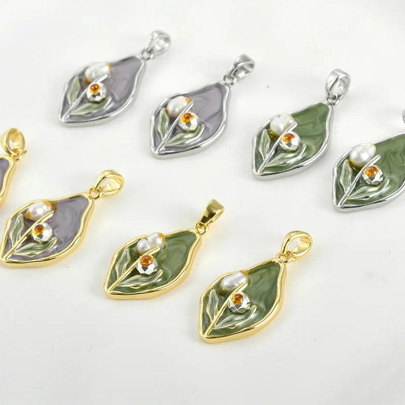 Oil Painting Flower Pearl Green Special-shaped Pendant DIY Handmade Pearl Bracelet Necklace Pendant Accessories Material
