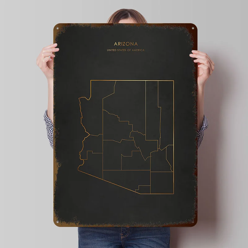 Gold Arizona Map Printed Poster Customized Wall Art Retro Vintage Metal Tin Signs for Room Bedroom Decoration At Home Desk Decor