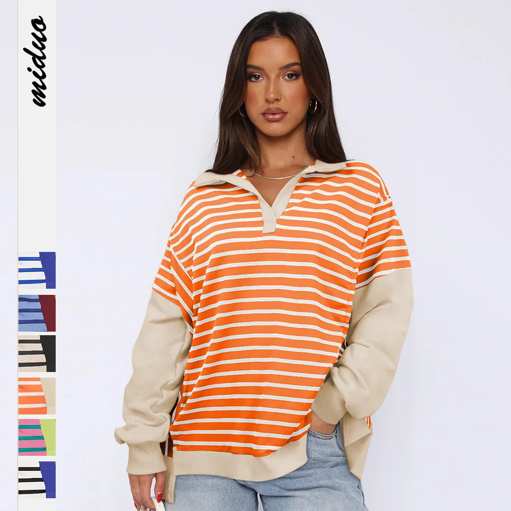 Women's Pullover Spring Autumn Female Contrast Stripe Long Sleeve Tops Lady's Casual Loose Sweat Jacket Women's Oversize Tops