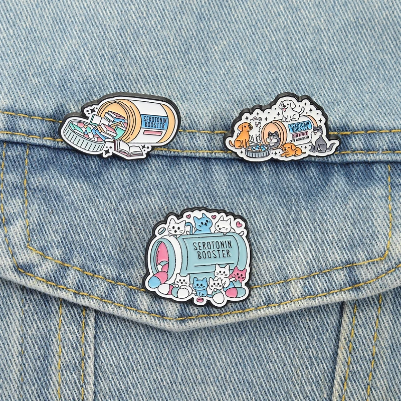 Serotonin Booster Emaille Pins Hund Katze Bücher Broschen Revers Abzeichen Cartoon Heilung Mental Health Erinnerung Schmuck Geschenk für Freunde