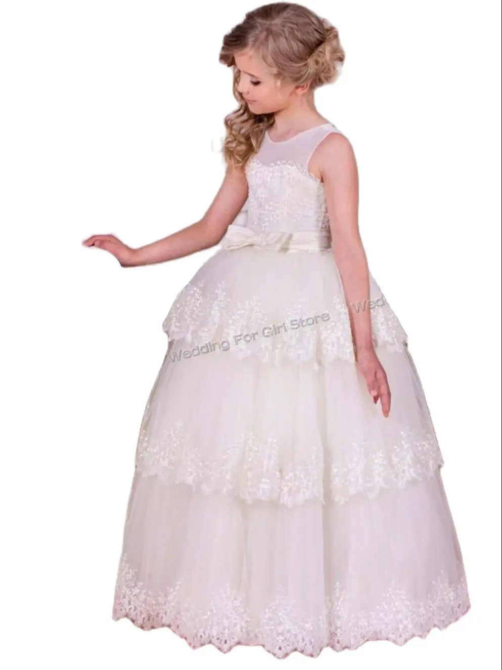 

Tiered Flower Girl Dresses Lace Tulle Appliqued Pageant For Girls First Communion Dresses Kids Prom Dresses