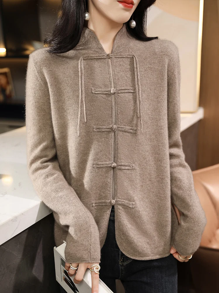 2024 Autumn Winter Women 100% Pure Merino Wool Cardigan Long Sleeve Chinese Style Cashmere Sweater Solid Korean Tops Clothing