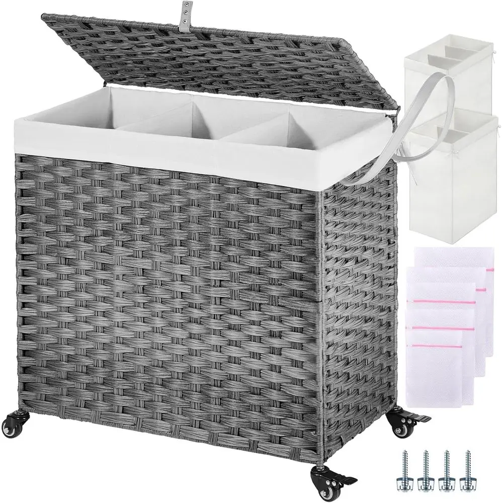 Laundry Hamper with Wheels&Lid, 130L Large 3 Sections Clothes Hamper with 2 Types Removable Liner Bags, 5 Mesh Laundry Bags, Han