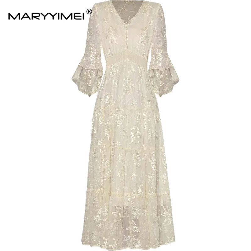 

MARYYIMEI Spring Summer Women's Dress V-Neck Flare Sleeved Beading Embroidery Elastic Waist Streetwear Fashion Dresses