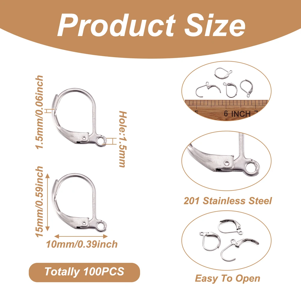 100pcs 304 Stainless Steel Leverback Earrings Findings with Loop French Level Earring Hooks Ear Wire for DIY Jewelry Making