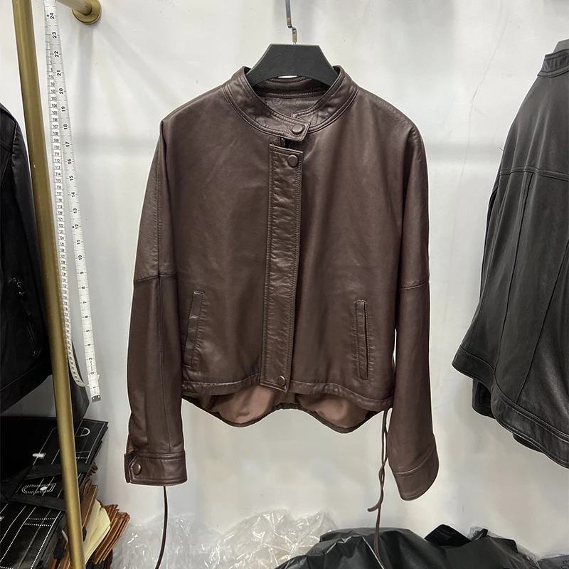 Women Spring Black Drawstring Design Genuine Sheepskin Leather Jacket Coat Autumn Loose Real Leather Overcoat