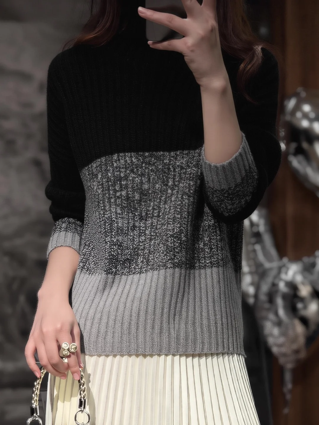 

Winter new chic high-necked color matching pit design sense mixed color sweater sweater cashmere sweater top women's dress
