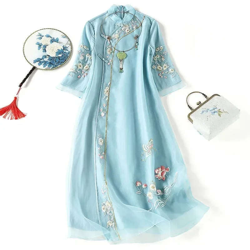 

Summer Traditional Chinese Women Clothing Blue Mid Sleeved Round Neck Modified Modern Cheongsam Vestidos Elegantes Para Mujer