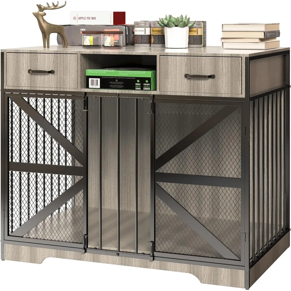 

Dog Crate Furniture, 44" Large Dog Kennel Furniture Indoor, Metal XL Dog Cage for Large/Medium Dogs, Wooden Heavy Duty Decorativ