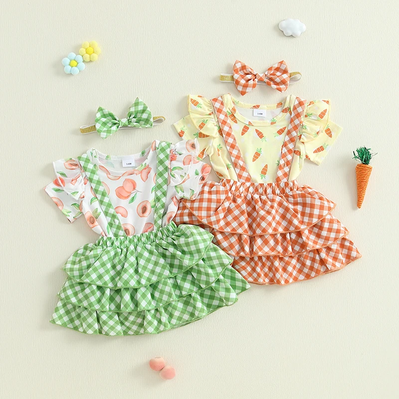 

Baby Girls Summer Outfits Short Sleeves Peach/Carrot Print Romper with Plaid Suspender Skirt and Bow Headband