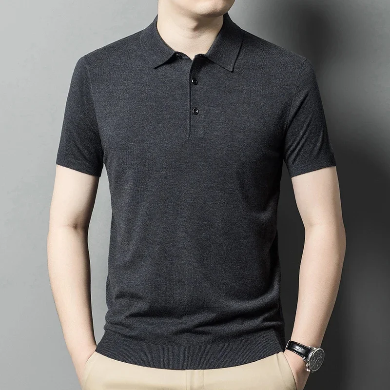 

Short-Sleeved Men's Wool Top Solid Color Polo Collar Knitted Sweater T-shirt Soft Casual Shirt