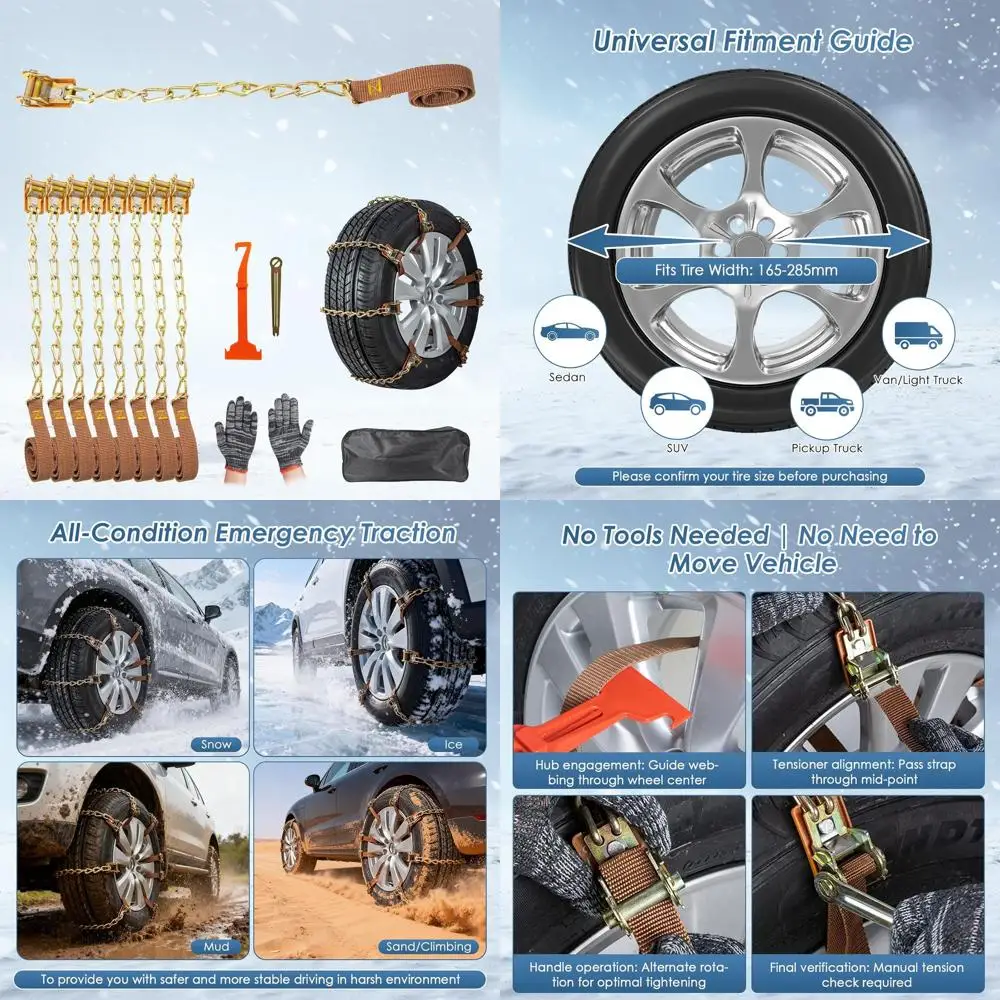 

Ланцюги для снега, 8 упаковок противоскользящих шин, пикап, грузовик и внедорожник, регулируемые утолщенные многоразовые противоскользящие тяговые шины -