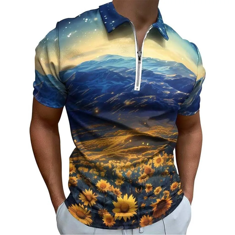 Summer men zip-up polo shirt sunflower flower sea print loose short sleeve business casual sports quick drying retro polo shirt