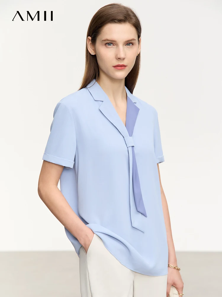 AMII Minimalism Office Lady V Neck Shirts & Blouses 2023 Summer New Contrasting Colors Tie Short Sleeves Chiffon Tops 12342610