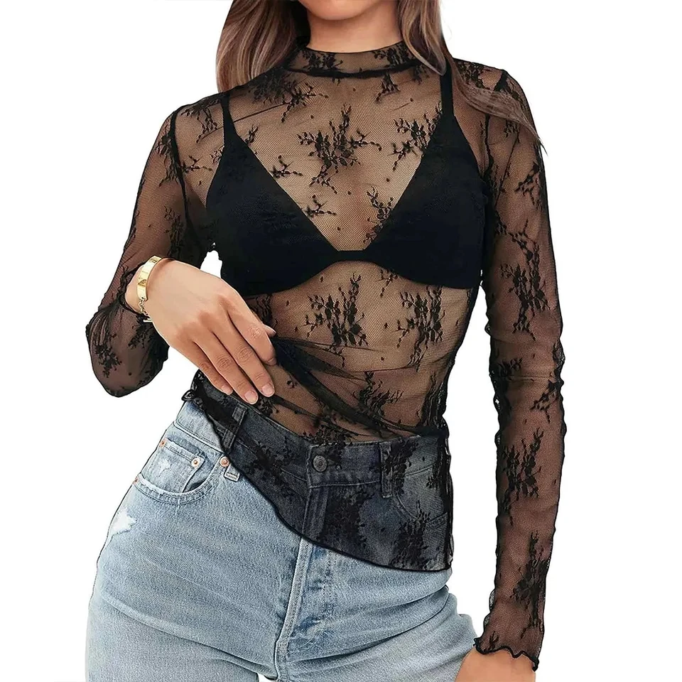 New Women's Long-sleeved Mesh T-shirt Thin Perspective Half-high Collar Pullover Top Fashion Nightclub Versatile Slim Tees