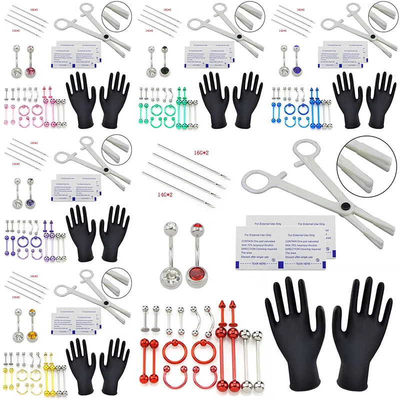 Body Piercing Kit With Needle Pack Nose Septum Belly Button Piercing Tool Kit Ear Tragus Nipple Eyebrow Labret Pircing Set Clamp