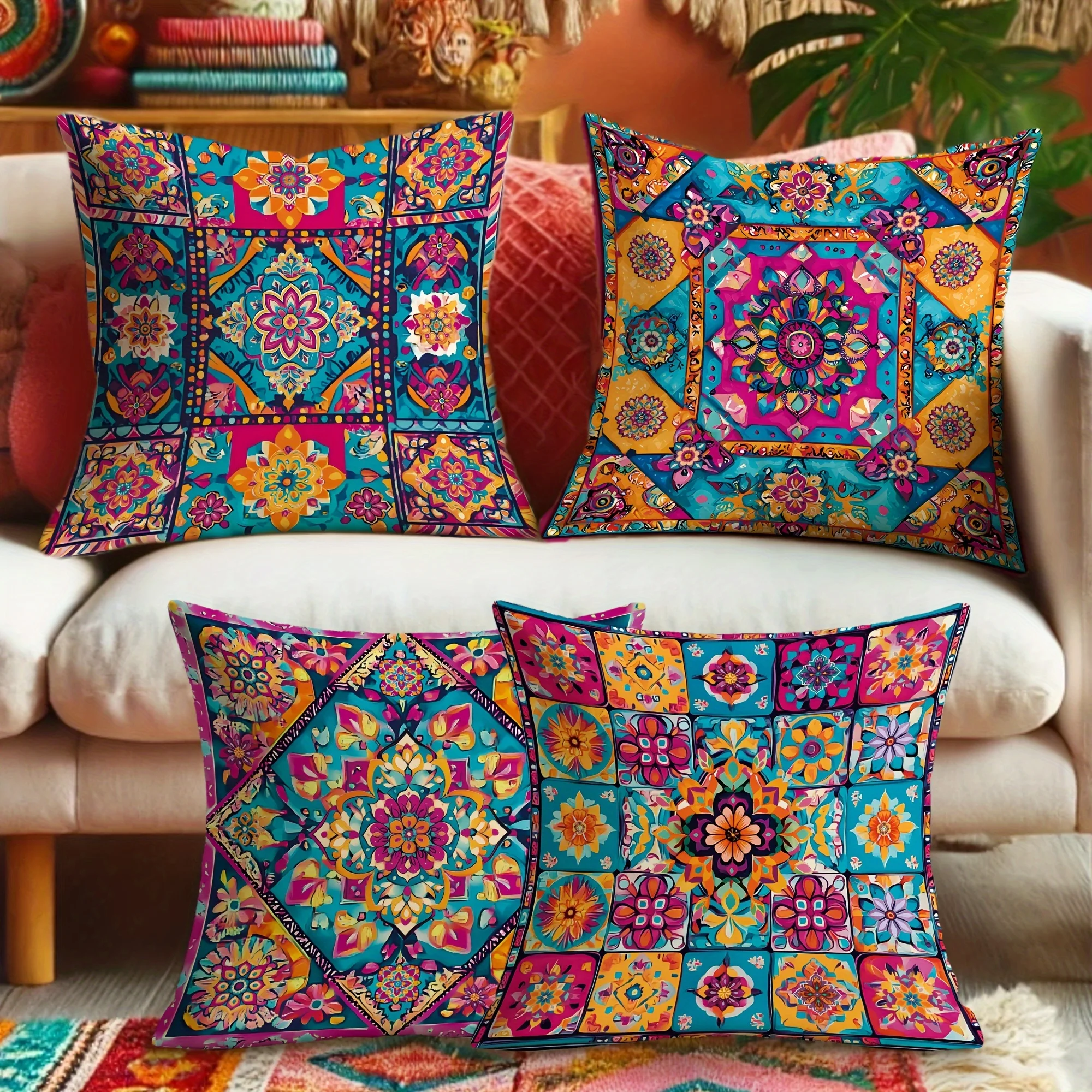 Juego de 4 fundas de cojín estilo bohemio con un diseño geométrico vibrante en azul, amarillo y rosa. Hechas de poliéster suave,