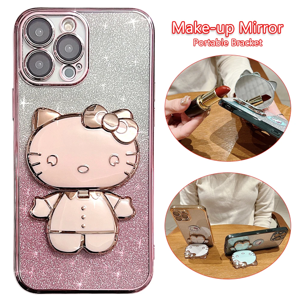 

Cute Cartoon Cat Makeup Mirror Holder Case for iphone 14 11 12 13 Pro Max XR X XS 7 8 Plus Electroplate Gradient Glitter Cover