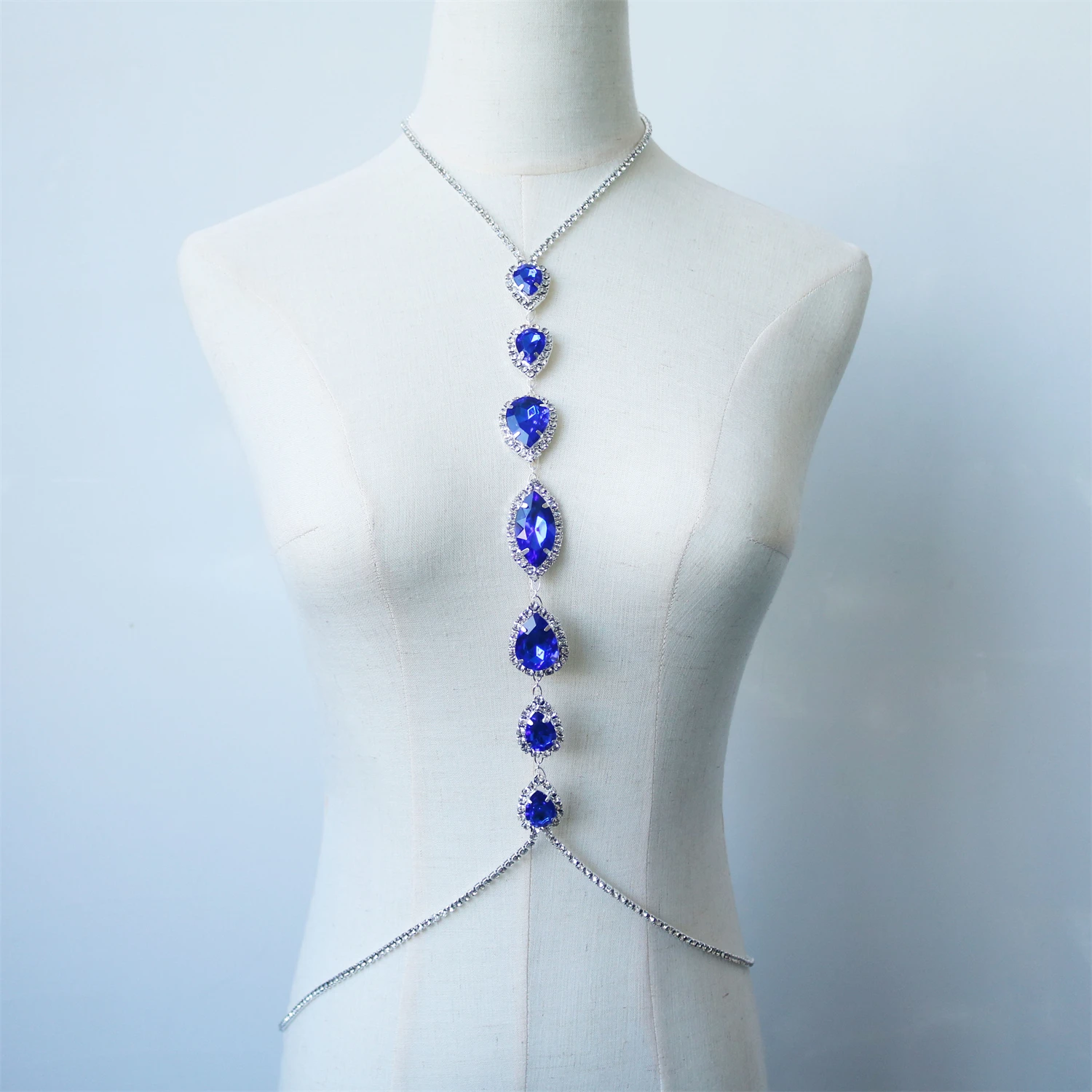 Shiny Multi layered Blue Droplet Body Chest Chain Jewelry Fashion Nightclub Party Rhinestone Body Chest Bracelet Jewelry