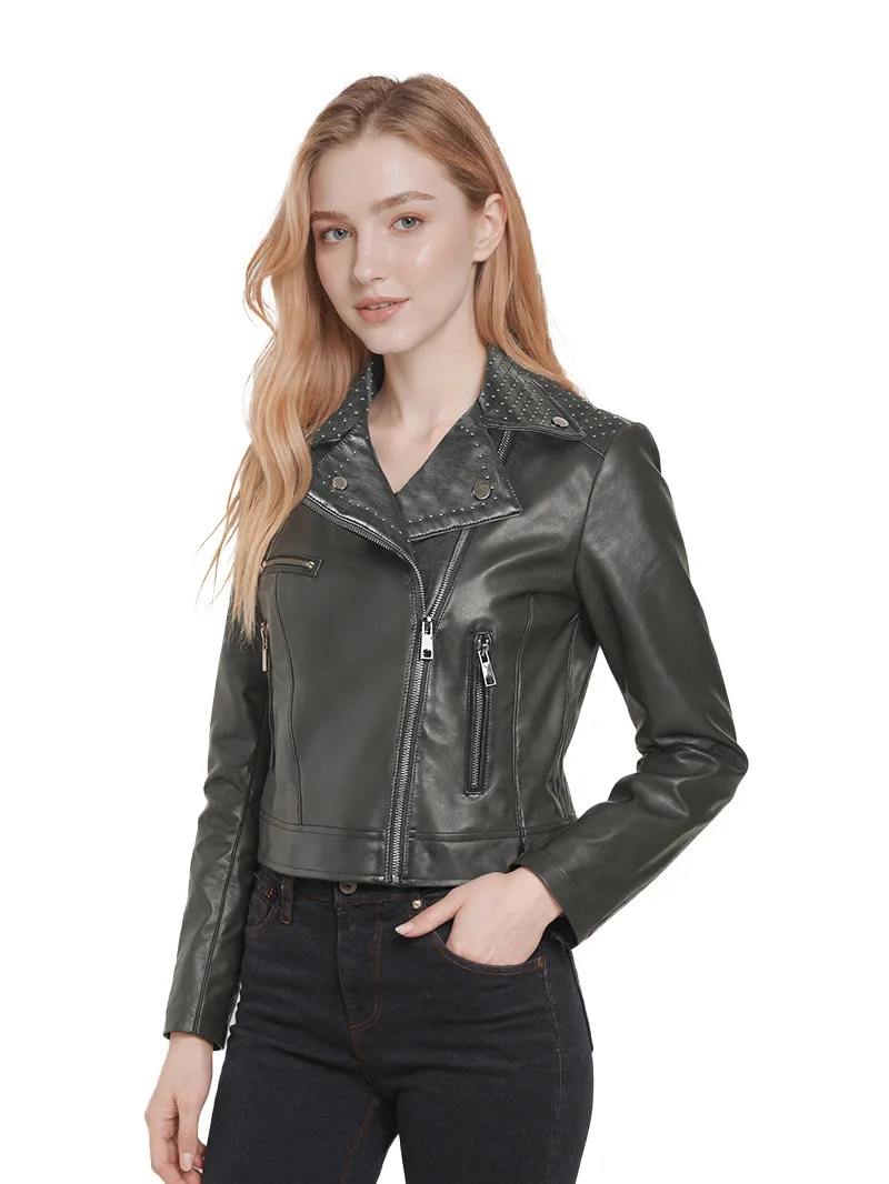 Autumn and winter women's leather jacket short PU slim fit leather jacket black willow nail motorcycle jacket suit jacket