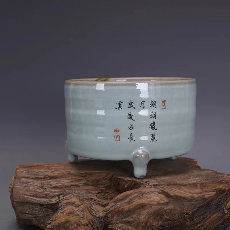 Chinese Celadon Porcelain Tripod Incense Burner Song Ru Kiln Phoenix Design 5.3