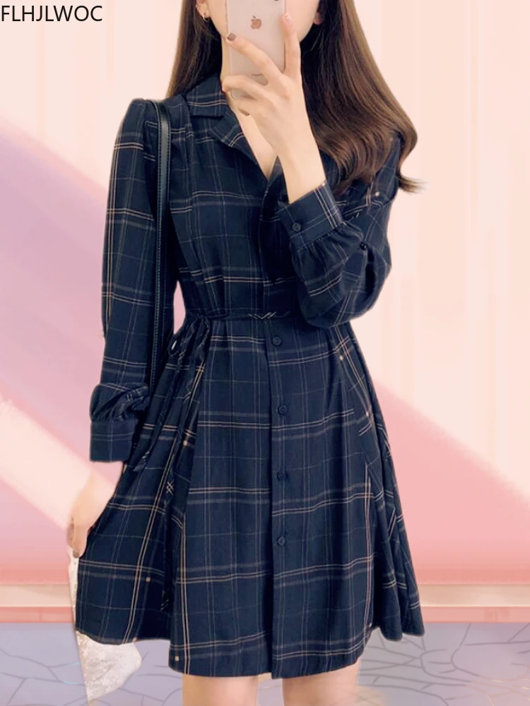 Autumn Basic Mini Dresses Hot Women Long Sleeve Japan Korean Style Design Cute Sweet A Line Vintage Girls Plaid Shirt Dress