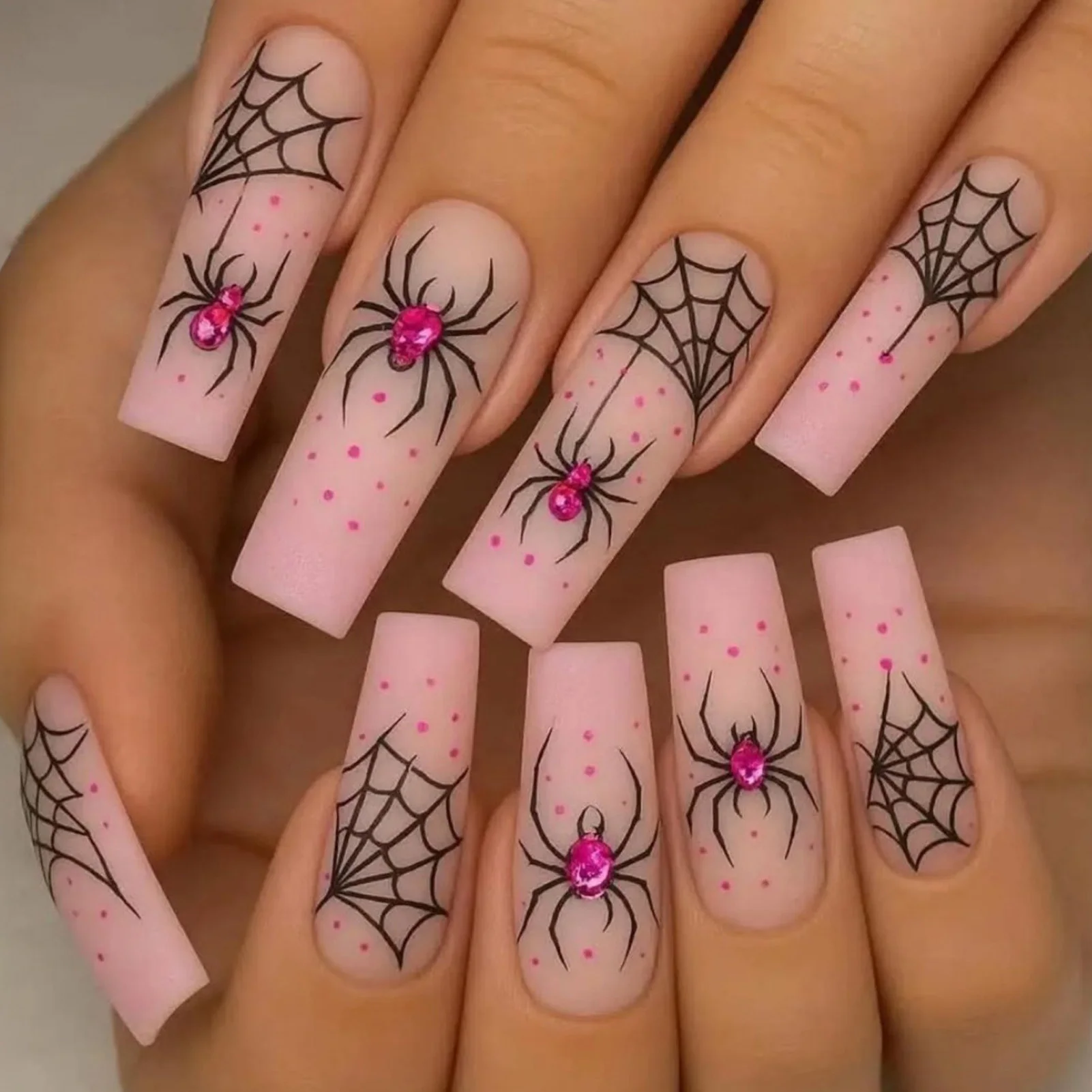 24Pcs Press On Nails Resin Gel Pink Rhinestone Spider-Web Design for Halloween Party, Scratch Resistant False Fingernails