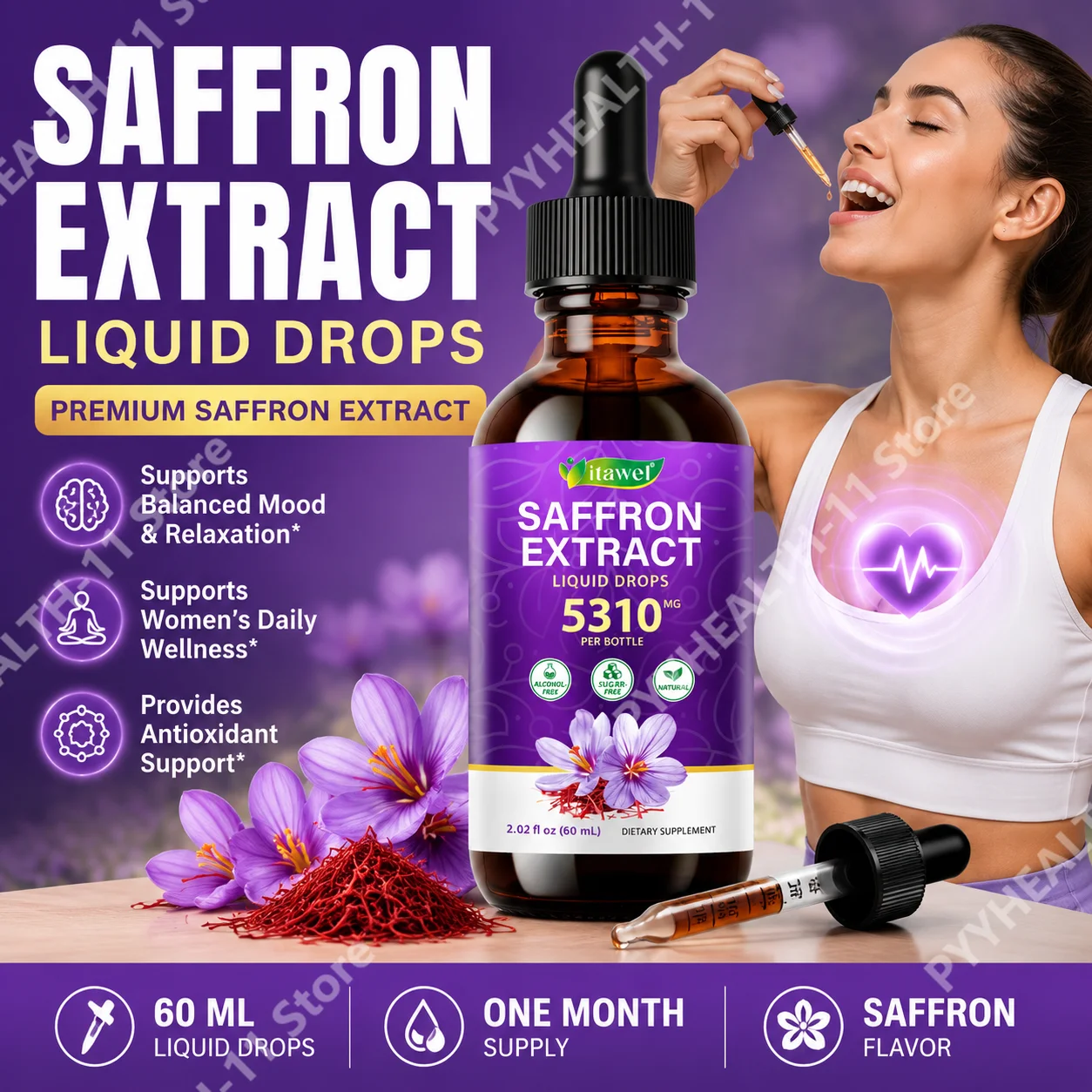 Itawel Saffron Extract Liquid Drops,Antioxidant,Mood Balance & Relaxation,Alcohol-Free and Sugar-Free Dietary Supplement,60 mL