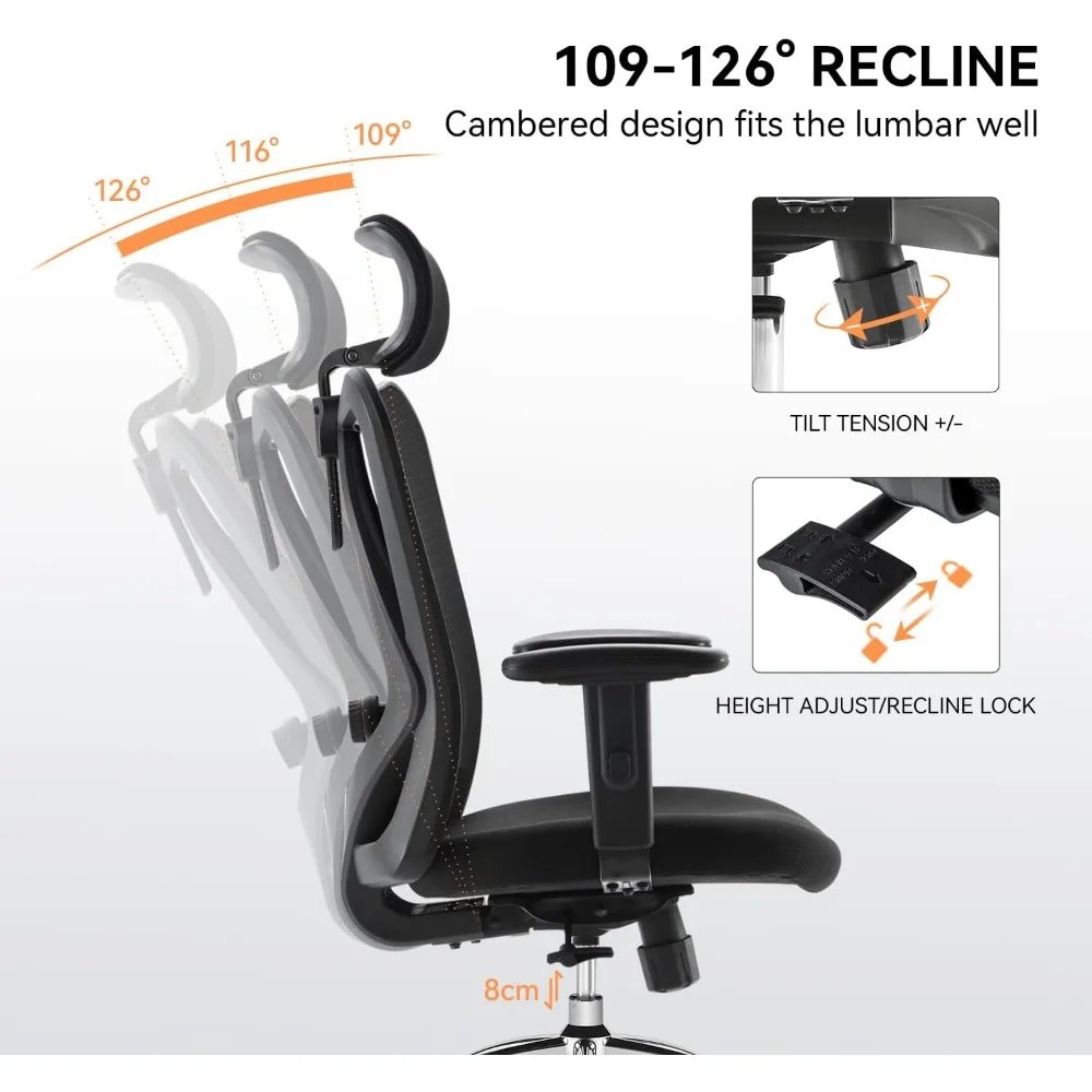 Ergonomic Office Chair with Mesh Back, Adjustable Lumbar Support, Padded Seat, PU Armrests, and Headrest