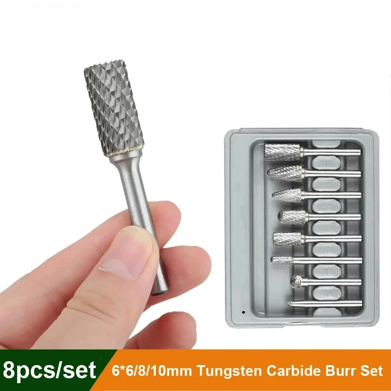 8Pcs Double Cut Tung sten Car bide Rotary Burrs 1/4