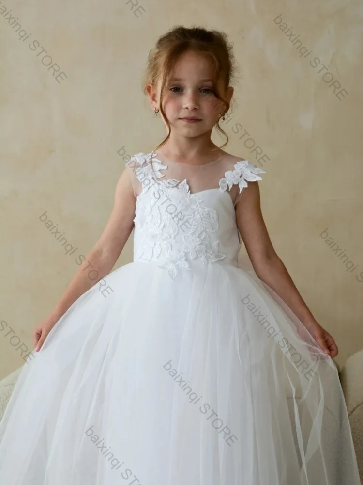 

White Flower Girls Elegant Party Dresses Appliques Detachable Tailing Long Skirt Formal Occasion Wedding Birthday Ball Gown