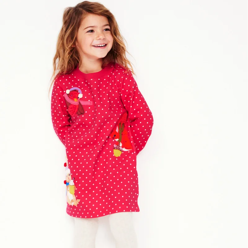 

Jumping Meters 2-7T Red Girls Dresses Animals Applique Party Kids Costume Autumn Winter Toddler Clothing Long Sleeve Frocks