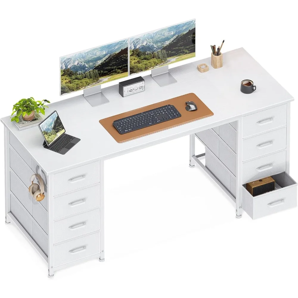

55 Inch Computer Desk with 8 Fabric Drawers, Modern Office Desk with Large Storage for Home Office, Study, Gaming, White