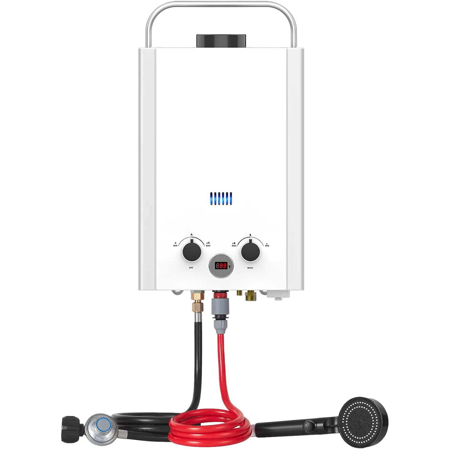 

Пропановый проточный водонагреватель с ручкой и защитой от перегрева, мгновенная горячая вода для кемпинга на колесах, душ на открытом воздухе, белый