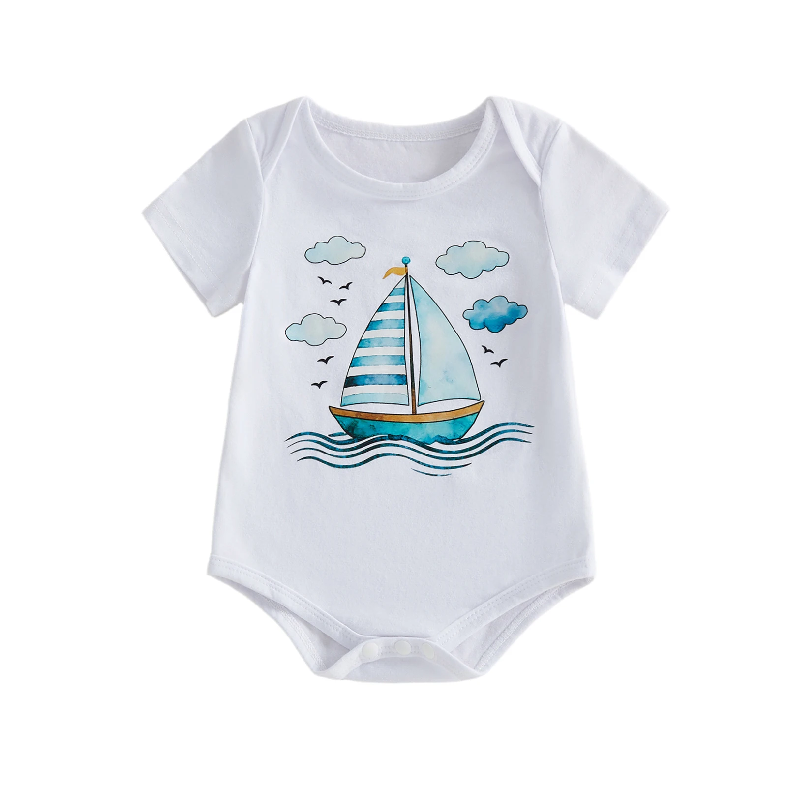 

Очаровательный комбинезон для маленьких девочек и мальчиков с милым принтом парусников и облаков, комбинезон с короткими рукавами для летней повседневной одежды для младенцев