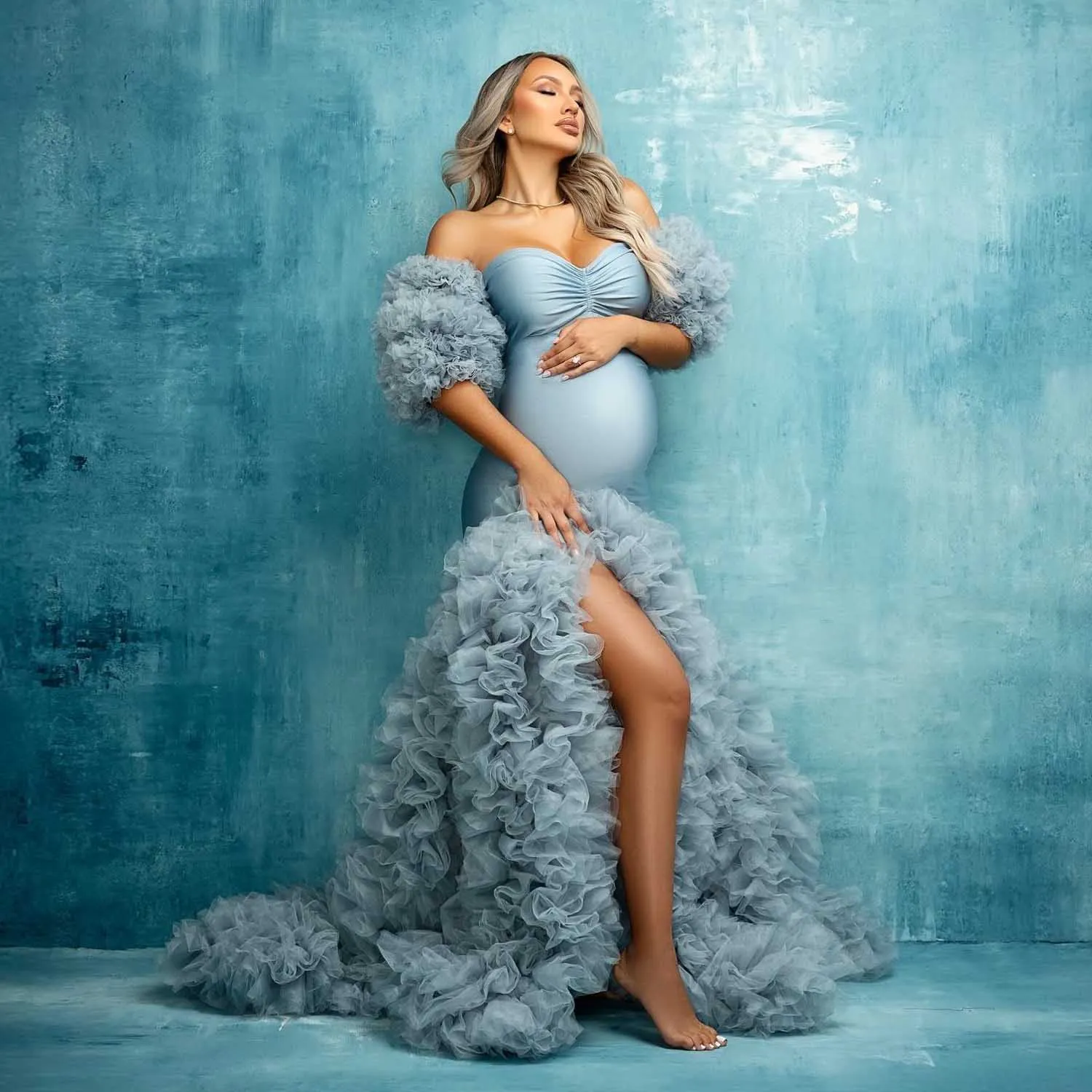 المغبر الأزرق حورية البحر فستان حمل التقطت الصور انفصال الأكمام منتفخ تول ملابس للحمل أناقة الحمل تبادل لاطلاق النار فستان